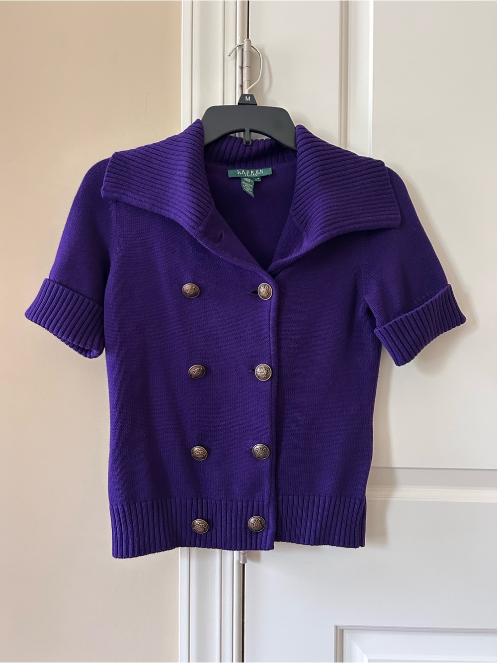 Ralph Lauren purple short-sleeve double-breasted knit cardigan sweater